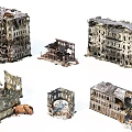 Fire Damaged Ruined Architectural Components With Broken Walls And Collapsed Frames 3d model