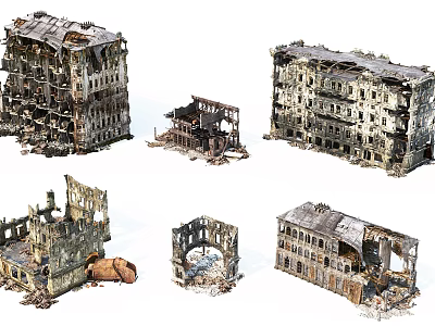 Fire Damaged Ruined Architectural Components With Broken Walls And Collapsed Frames 3d model