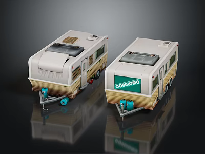 Two Detailed CARAVANCO Caravan Toy Trailers with White Green Exterior 3d model