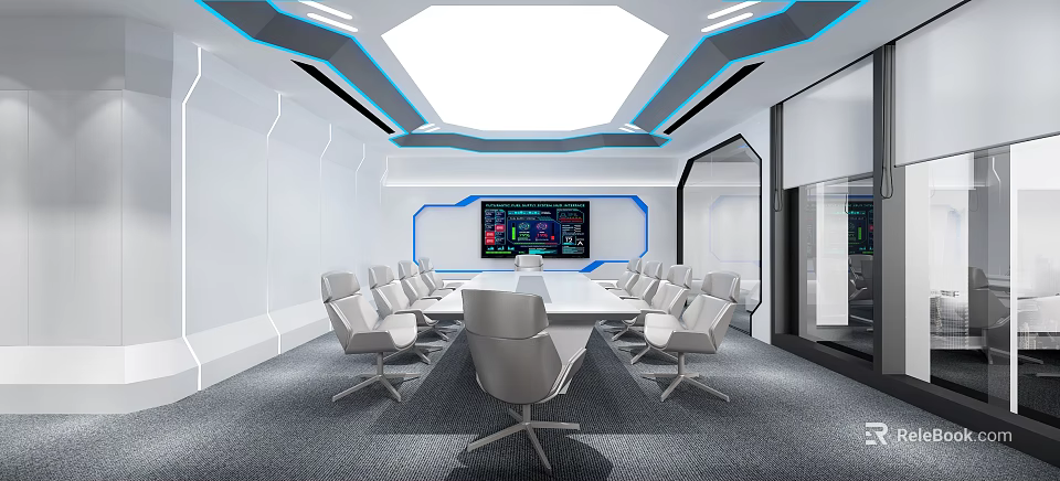 Modern High Tech Conference Room With Large Data Screen White Chairs And Blue Accent Ceiling Design 3d model