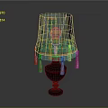 Vintage Table Lamp With Green Yellow Geometric Lampshade And Pink Tassels Dark Red Wooden Base