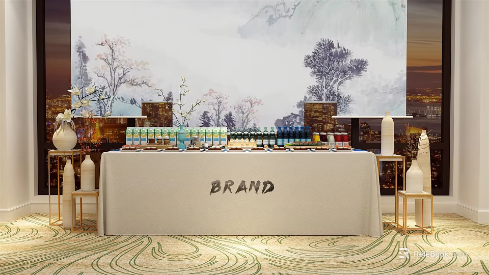 Elegant Brand Gourmet Display Table With Assorted Snacks Drinks And Landscape Backdrop 3d model 