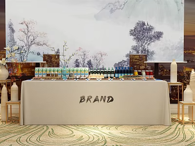 Elegant Brand Gourmet Display Table With Assorted Snacks Drinks And Landscape Backdrop 3d model