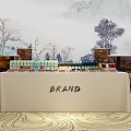 Elegant Brand Gourmet Display Table With Assorted Snacks Drinks And Landscape Backdrop