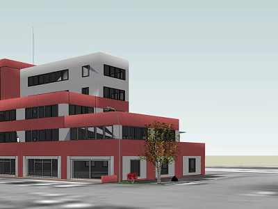 Red Modern Multistory Office Building With Large Windows And Front Tree 3d model
