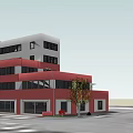 Red Modern Multistory Office Building With Large Windows And Front Tree