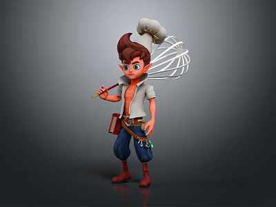 Animated Chef Character Wearing Chef Hat Holding Whisk With Waist Tools White Shirt Blue Pants 3d model