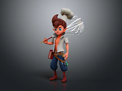Animated Chef Character Wearing Chef Hat Holding Whisk With Waist Tools White Shirt Blue Pants 3d model