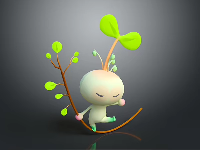 White Closed Eye Cartoon Character Dancing With Green Seedling Plant And Leaves 3d model
