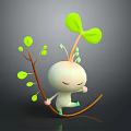 White Closed Eye Cartoon Character Dancing With Green Seedling Plant And Leaves