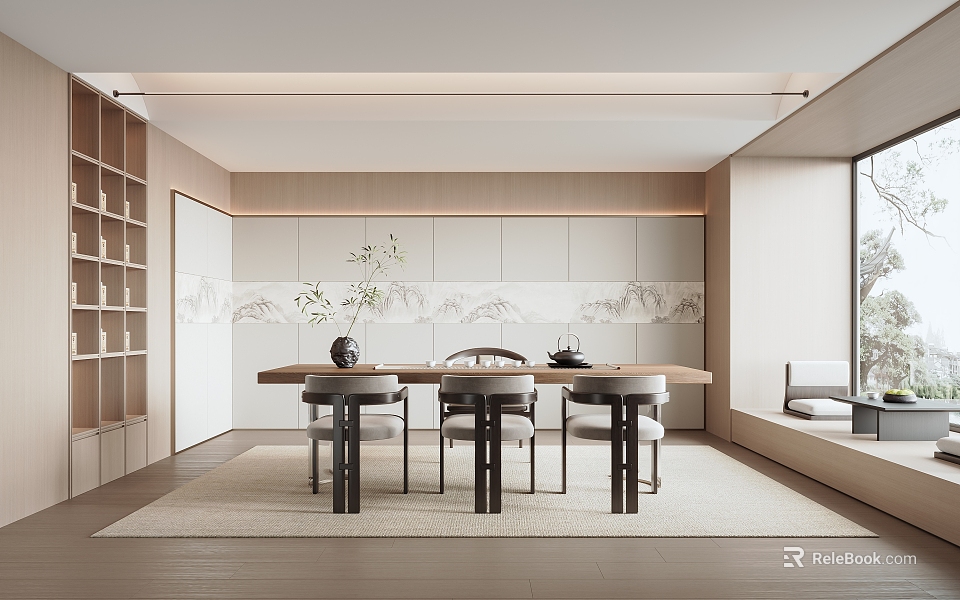 Modern Tea Room Interior With Long Wooden Table Stools Decorative Wall Shelves And Natural Light 3d model 
