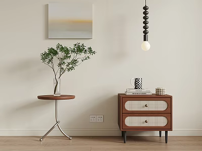 Modern Minimalist Living Room With Side Table Green Plant Pendant Light And Drawer Cabinet 3d model