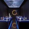 Modern Bar Interior With Starry Sky Ceiling Astronaut Sculpture Blue Lighting And Counter
