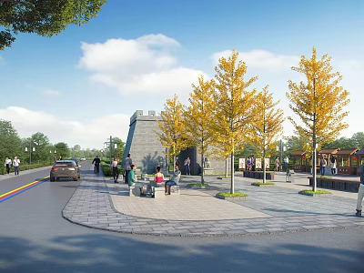 Urban Road Infrastructure With Pedestrian Walkway Vehicle Lane Ginkgo Trees And Historic Structure 3d model