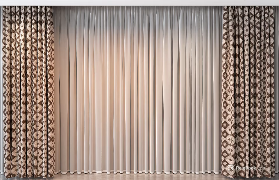 Beige Curtains With Solid Color Center And Patterned Side Panels 3d model 