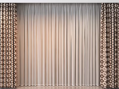 Beige Curtains With Solid Color Center And Patterned Side Panels 3d model