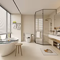 Modern Bathroom Interior With Freestanding Bathtub Glass Shower Double Vanity Large Mirror And Shelf