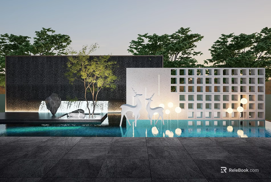Modern Decorative Garden Wall With Pool Deer Sculptures Sphere Lights And Tree 3d model 