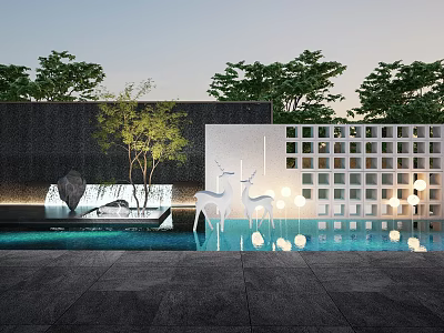 Modern Decorative Garden Wall With Pool Deer Sculptures Sphere Lights And Tree 3d model