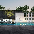 Modern Decorative Garden Wall With Pool Deer Sculptures Sphere Lights And Tree