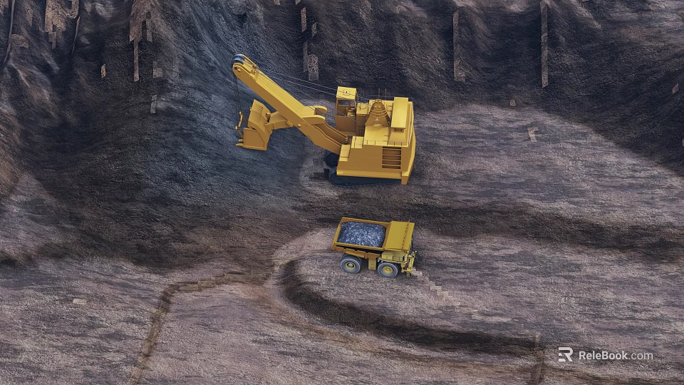 Yellow Heavy Duty Functional Vehicles Excavator and Dump Truck Operating at Mining Site Rocky Terrain 3d model 