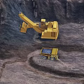 Yellow Heavy Duty Functional Vehicles Excavator and Dump Truck Operating at Mining Site Rocky Terrain