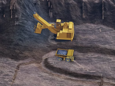 Yellow Heavy Duty Functional Vehicles Excavator and Dump Truck Operating at Mining Site Rocky Terrain 3d model