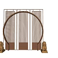 Traditional Chinese Circular Screen With Golden Lion Statues And Vertical Slats