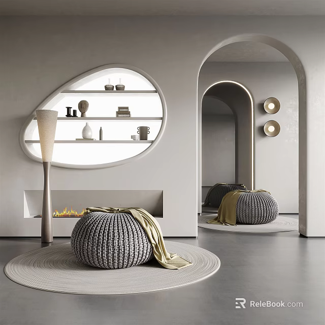 Modern Minimalist Luxury Living Room With Knitted Sofa Stool Beige Blanket And Round Rug 3d model 