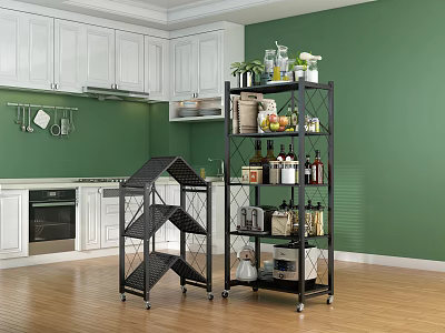 Modern Kitchen Interior With Black Metal Shelving Unit On Wheels Holding Bottles Fruits And Plants 3d model