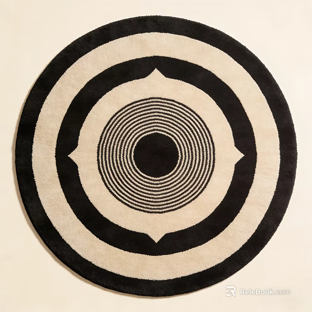 Black and White Round Rug With Concentric Circles And Circular Stripes Design 3d model 