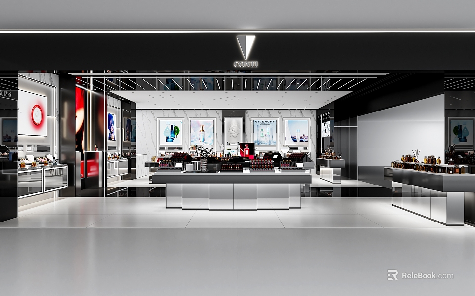 Modern Retail Store Interior With Display Shelves Counter And Products 3d model 