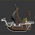 Cartoon Style Pirate Ship with Skull Design Sails Colorful Flags Green Plants and Decorative Bow