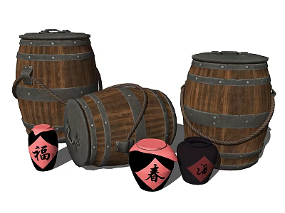 Traditional Household Items With Wooden Barrels And Jars Featuring Chinese Characters 3d model