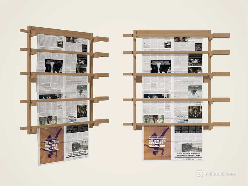 Wooden Bookshelves With Multiple Shelves Holding Newspapers Magazines And Hanging Items 3d model 