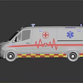 White Ambulance Vehicle With Blue Emergency Lights Red Cross ECG Wave And Yellow Red Stripes