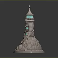 Fantasy Lighthouse Model With Spiral Staircase Glowing Windows Dragon Decoration And Rock Base