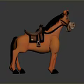 Orange Cartoon Horse Figure With Brown Saddle Black Mane Tail And Hooves On Gray Background