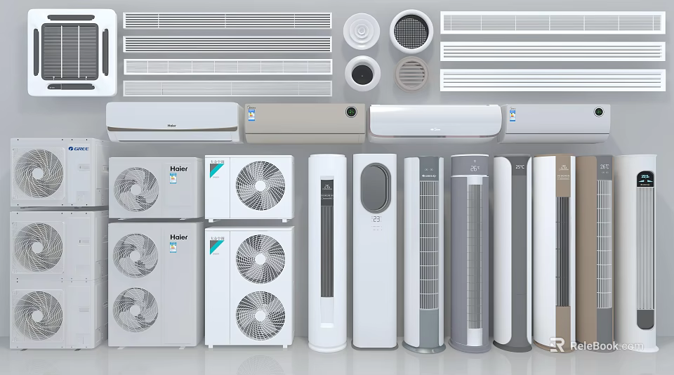Assorted Air Conditioners and Fans Including Wall Mounted and Tower Models 3d model