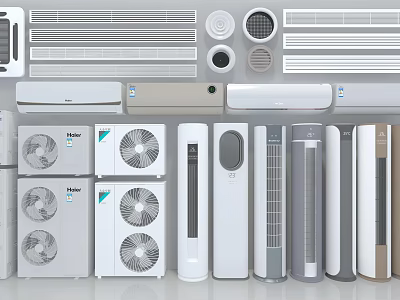 Assorted Air Conditioners and Fans Including Wall Mounted and Tower Models 3d model