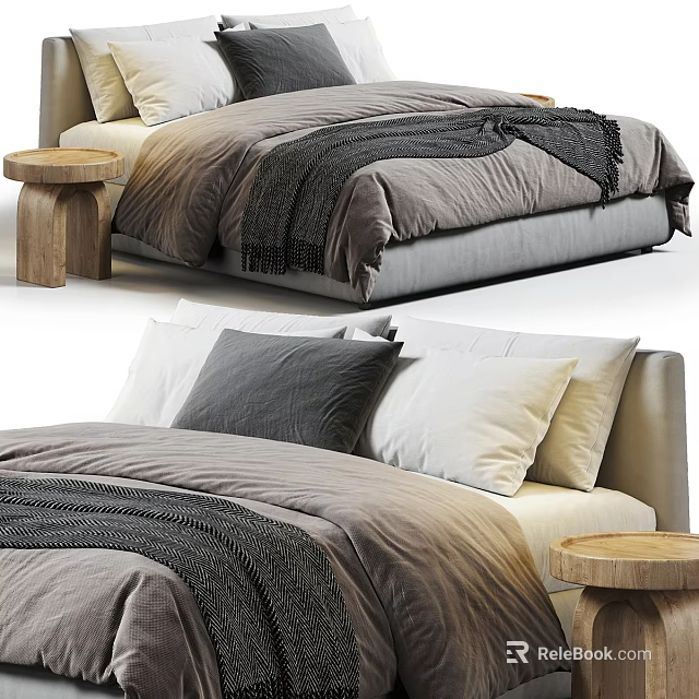 Modern Double Bed Interior With Gray Beige Bedding Blanket Pillows And Wooden Side Table 3d model 