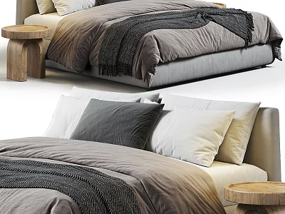 Modern Double Bed Interior With Gray Beige Bedding Blanket Pillows And Wooden Side Table 3d model