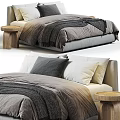 Modern Double Bed Interior With Gray Beige Bedding Blanket Pillows And Wooden Side Table