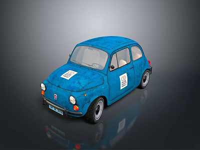 Blue Retro Vintage Small Car With White Stickers And Black Wheels 3d model