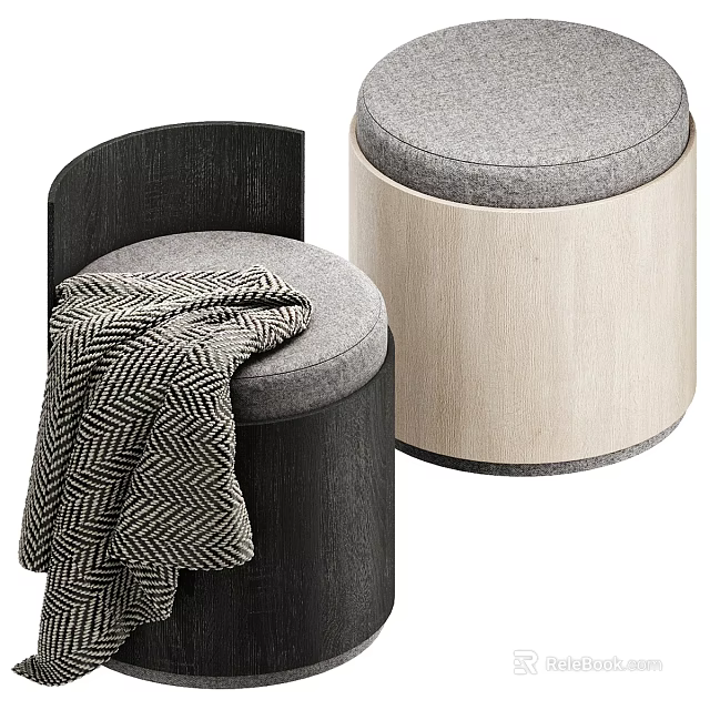 Cylindrical Upholstered Stools Featuring Black and Light Wooden Frames With Herringbone Blanket 3d model 