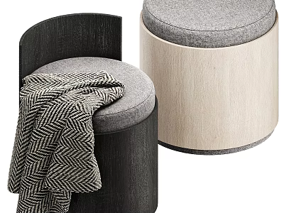Cylindrical Upholstered Stools Featuring Black and Light Wooden Frames With Herringbone Blanket 3d model