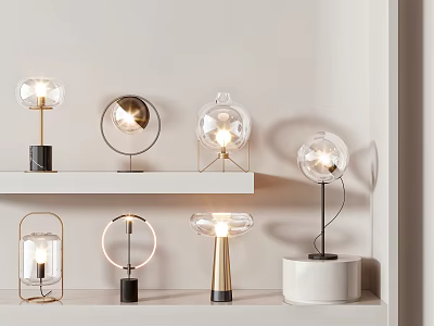 Modern Illuminated Table Lamps With Metal Bases And Various Shapes On White Shelves 3d model
