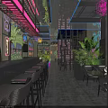 Stylish Bar Interior With Neon Beer Bottle Sign Moon Decor And Green Plants
