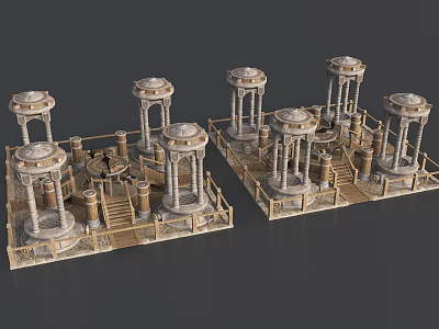 Fantasy Cartoon Scene Featuring Ancient Stone Pillars Wooden Platforms and Symmetrical Structures 3d model