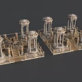 Fantasy Cartoon Scene Featuring Ancient Stone Pillars Wooden Platforms and Symmetrical Structures